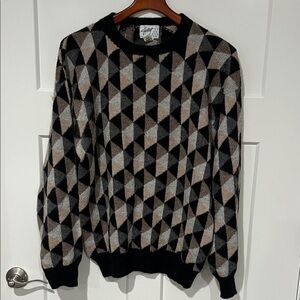 Hallet Alpaca Wool Geometric Patterned Sweater - Black, Gray, Tan Sz L